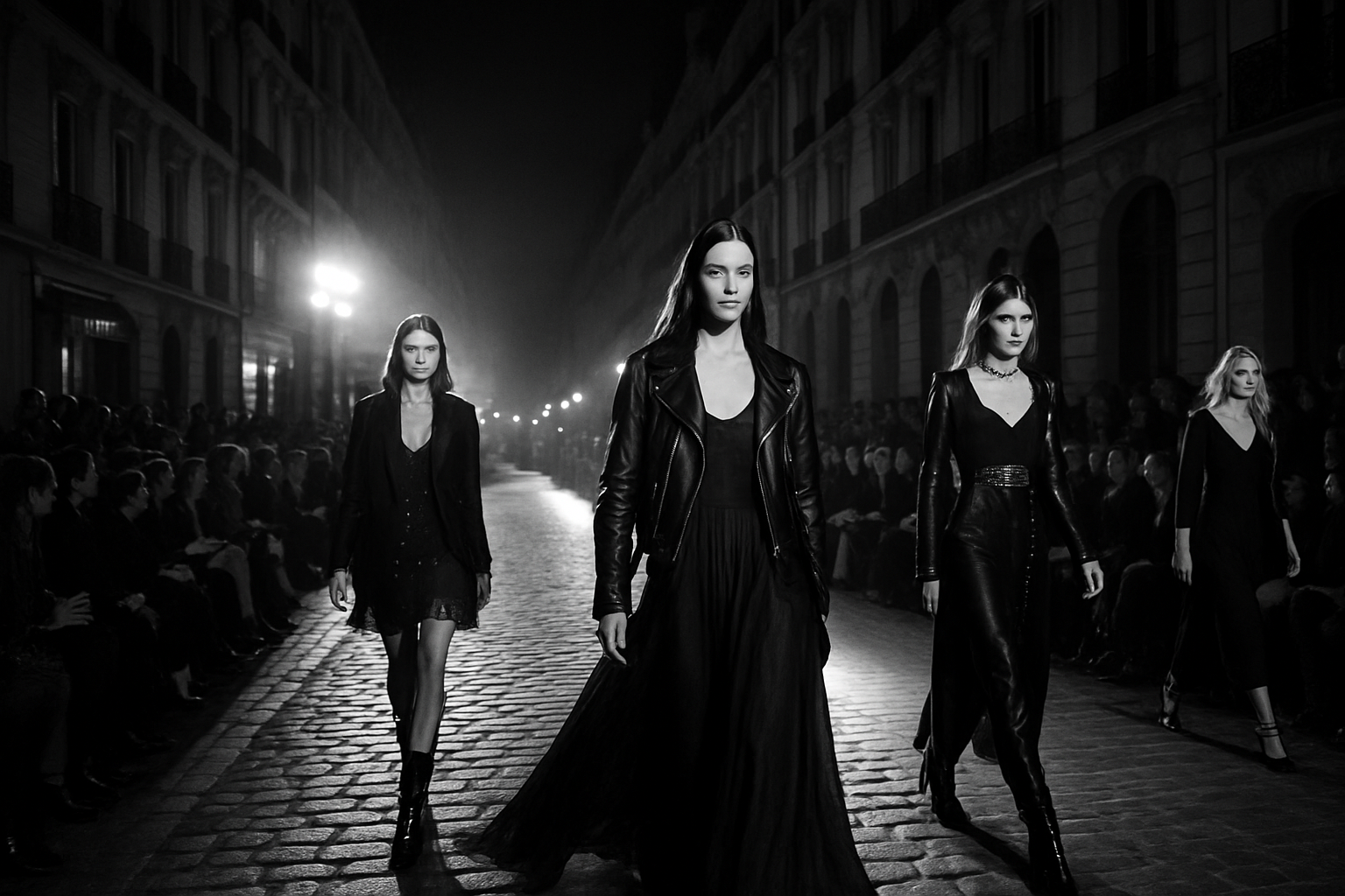 défilé mode rue parisienne en noir et blanc mode chic glamour et rock